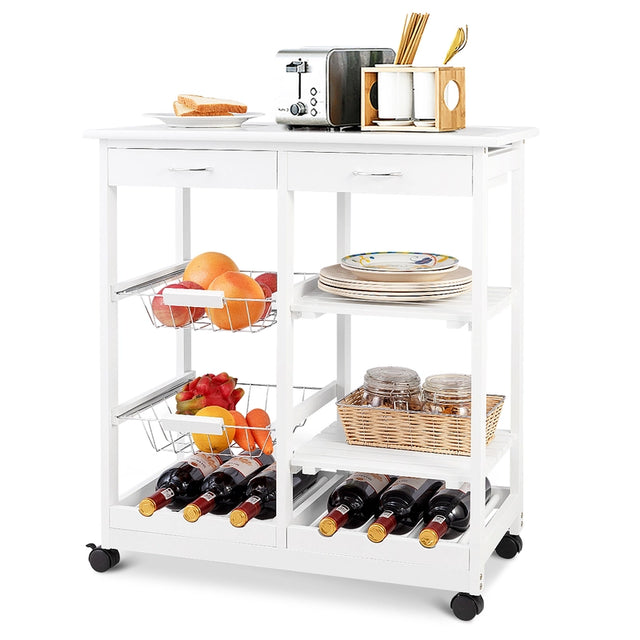 Rolling Wood Kitchen Trolley Cart Island Shelf w/ Storage Drawers Baskets New-White