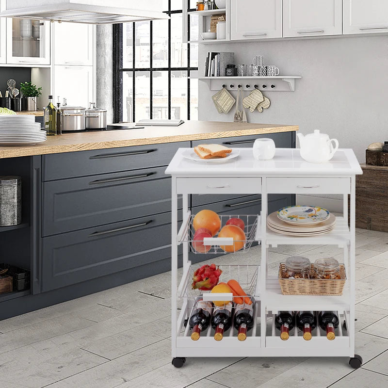 Rolling Wood Kitchen Trolley Cart Island Shelf w/ Storage Drawers Baskets New-White