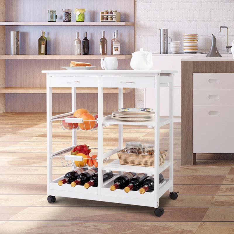 Rolling Wood Kitchen Trolley Cart Island Shelf w/ Storage Drawers Baskets New-White