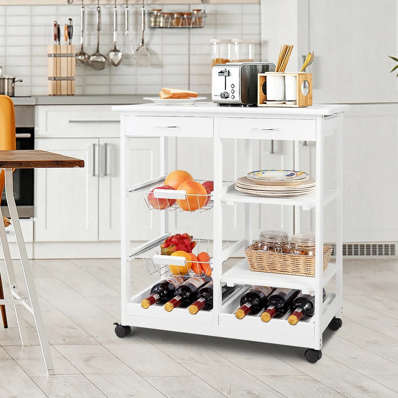 Rolling Wood Kitchen Trolley Cart Island Shelf w/ Storage Drawers Baskets New-White