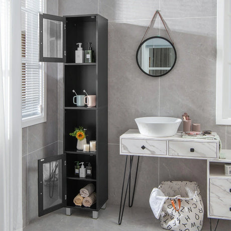 Tall Bathroom Storage Cabinet with 2 Open Shelves &amp; 1 Adjustable Shelf-Black