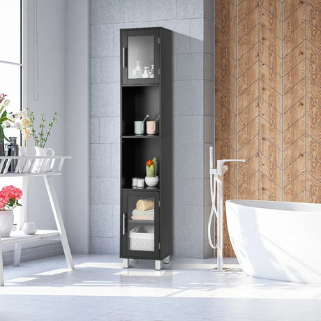 Tall Bathroom Storage Cabinet with 2 Open Shelves &amp; 1 Adjustable Shelf-Black