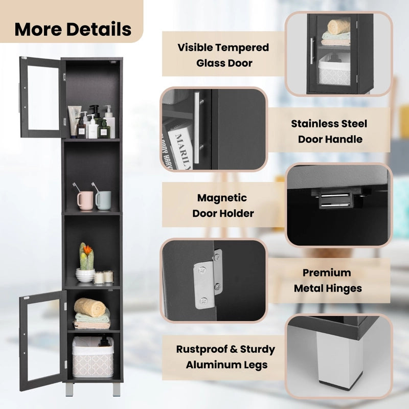 Tall Bathroom Storage Cabinet with 2 Open Shelves &amp; 1 Adjustable Shelf-Black