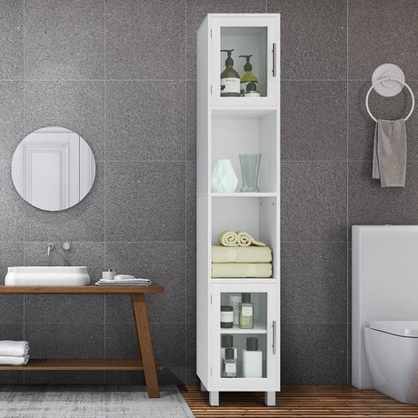 Tall Bathroom Storage Cabinet with 2 Open Shelves &amp; 1 Adjustable Shelf-White