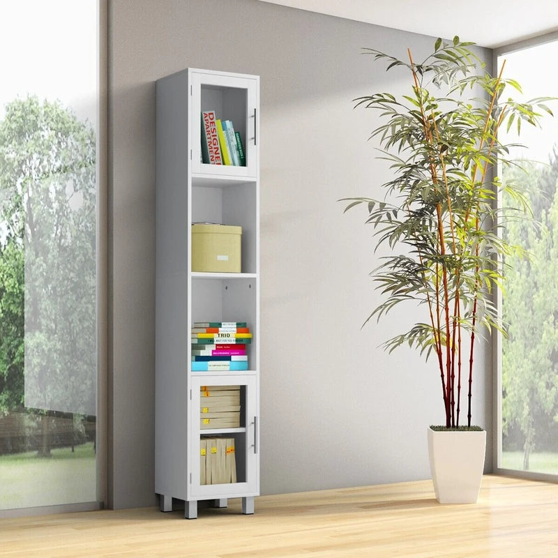 Tall Bathroom Storage Cabinet with 2 Open Shelves &amp; 1 Adjustable Shelf-White