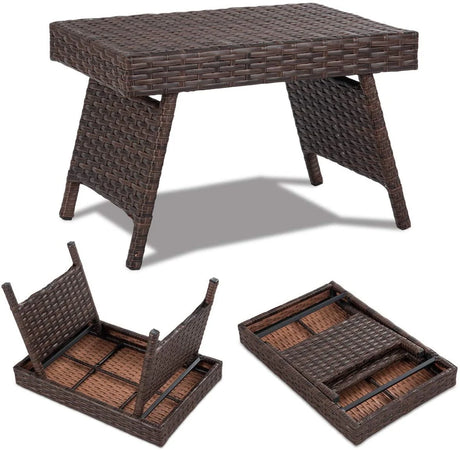 Mix Brown Patio Folding Rattan Side Coffee Table with Steel Frame