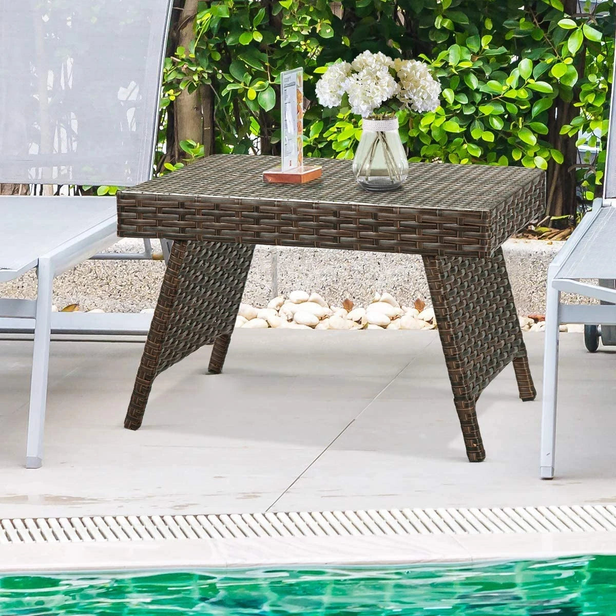 Mix Brown Patio Folding Rattan Side Coffee Table with Steel Frame