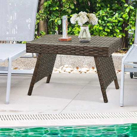 Mix Brown Patio Folding Rattan Side Coffee Table with Steel Frame