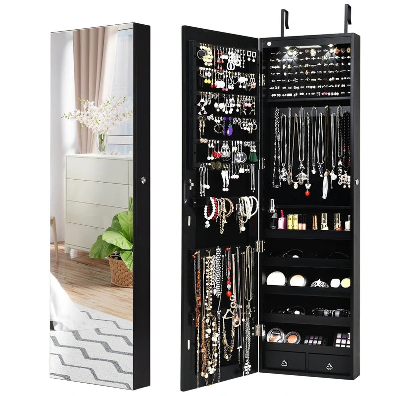 Wall And Door Mounted Mirrored Jewelry Cabinet With Lights-Black
