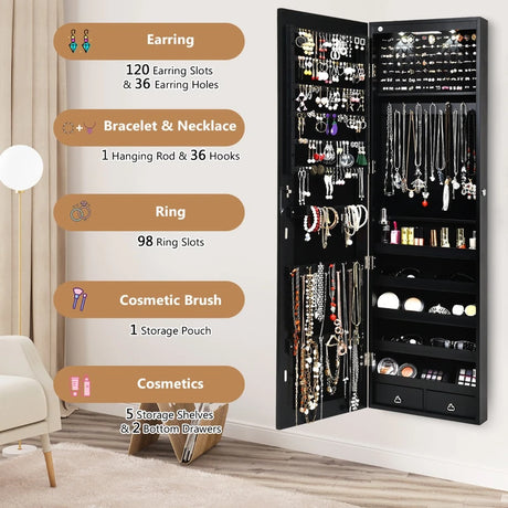 Wall And Door Mounted Mirrored Jewelry Cabinet With Lights-Black