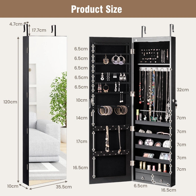 Wall And Door Mounted Mirrored Jewelry Cabinet With Lights-Black