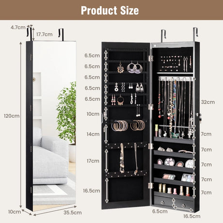 Wall And Door Mounted Mirrored Jewelry Cabinet With Lights-Black