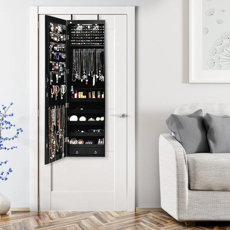 Wall And Door Mounted Mirrored Jewelry Cabinet With Lights-Black