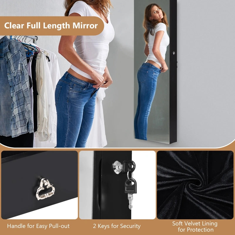 Wall And Door Mounted Mirrored Jewelry Cabinet With Lights-Black