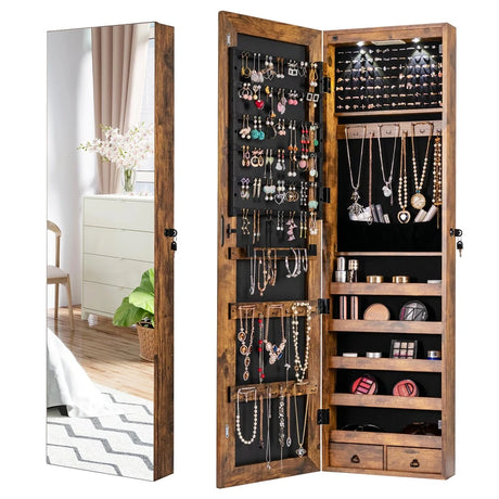Wall and Door Mounted Mirrored Jewelry Cabinet with Lights-Rustic Brown