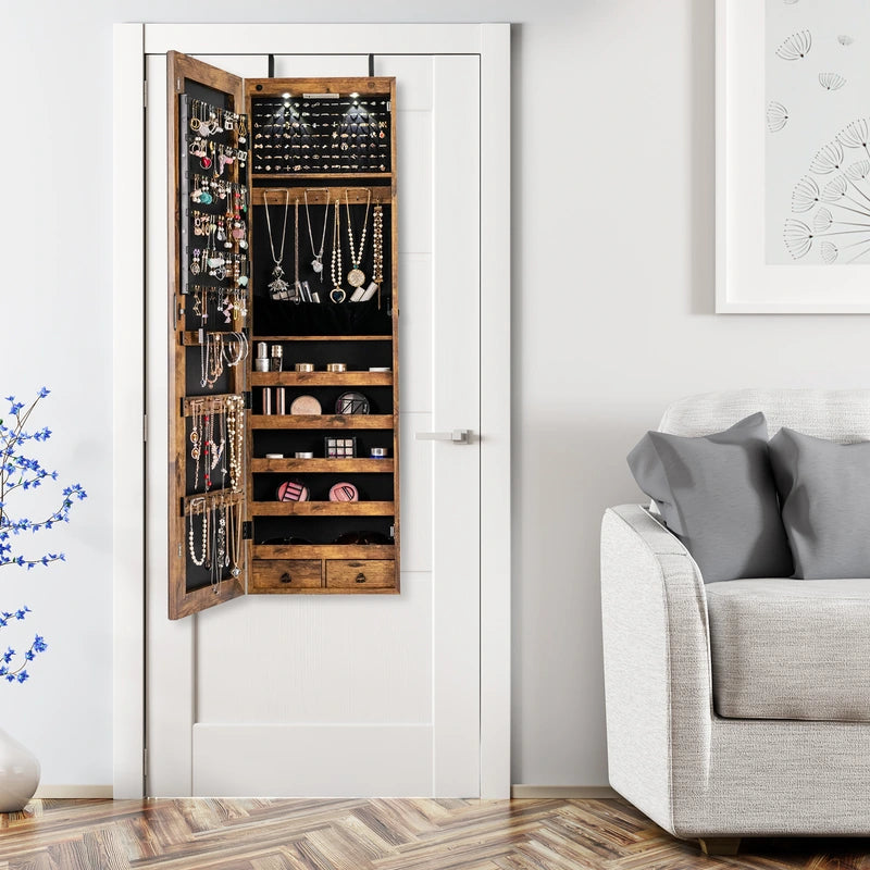 Wall and Door Mounted Mirrored Jewelry Cabinet with Lights-Rustic Brown