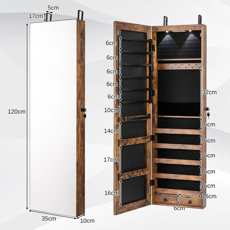 Wall and Door Mounted Mirrored Jewelry Cabinet with Lights-Rustic Brown