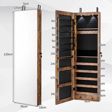 Wall and Door Mounted Mirrored Jewelry Cabinet with Lights-Rustic Brown