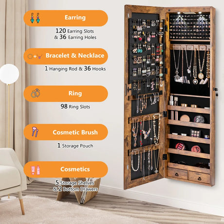 Wall and Door Mounted Mirrored Jewelry Cabinet with Lights-Rustic Brown