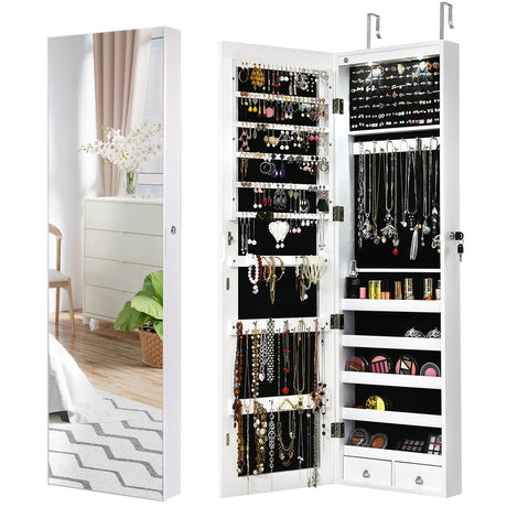 Wall And Door Mounted Mirrored Jewelry Cabinet With Lights-White