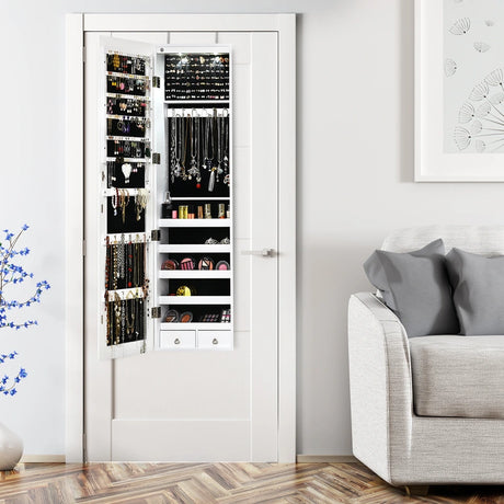 Wall And Door Mounted Mirrored Jewelry Cabinet With Lights-White