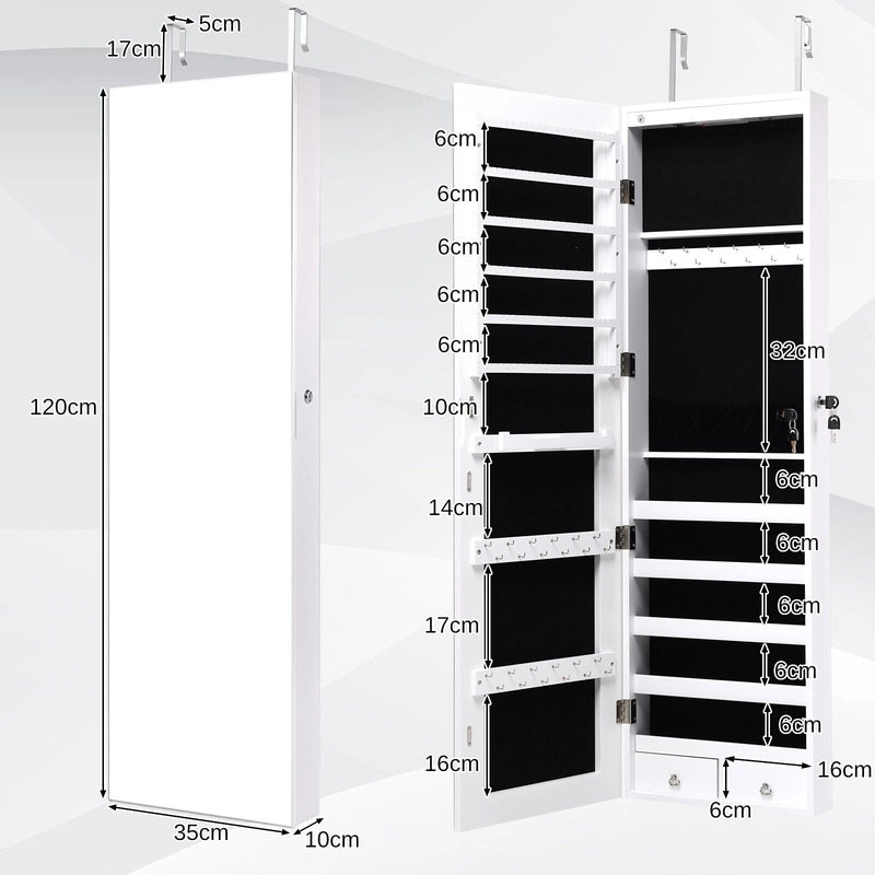 Wall And Door Mounted Mirrored Jewelry Cabinet With Lights-White
