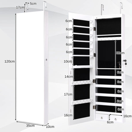 Wall And Door Mounted Mirrored Jewelry Cabinet With Lights-White