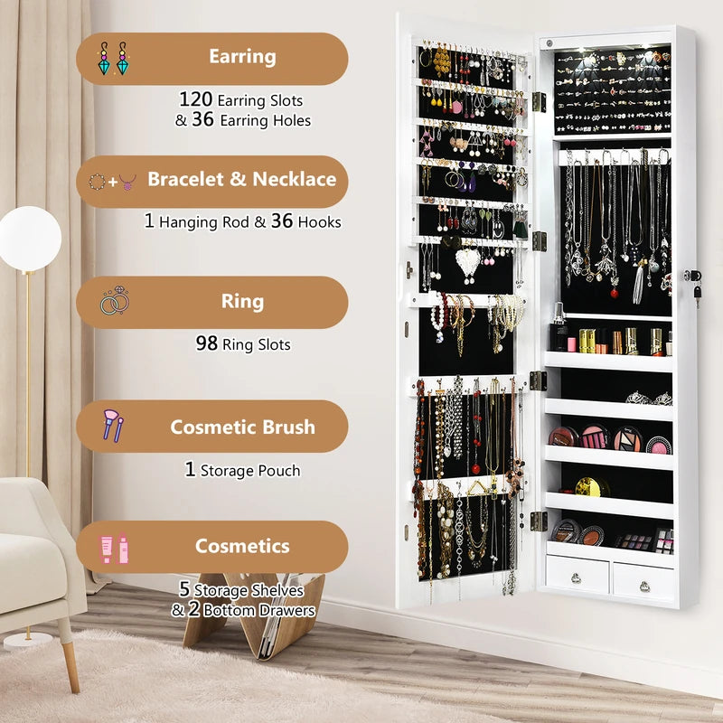 Wall And Door Mounted Mirrored Jewelry Cabinet With Lights-White