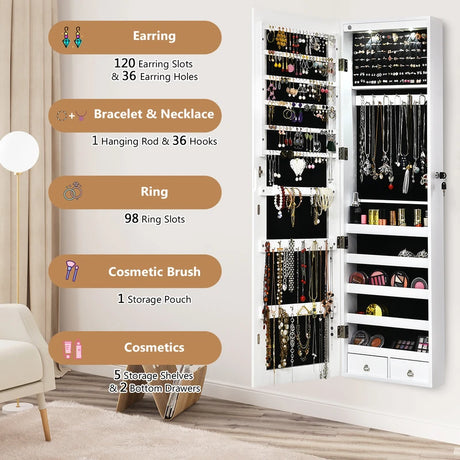 Wall And Door Mounted Mirrored Jewelry Cabinet With Lights-White