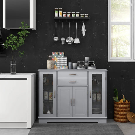 Buffet Sideboard with 2 Drawers &amp; 3 Cabinets for Kitchen &amp; Living Room-Grey