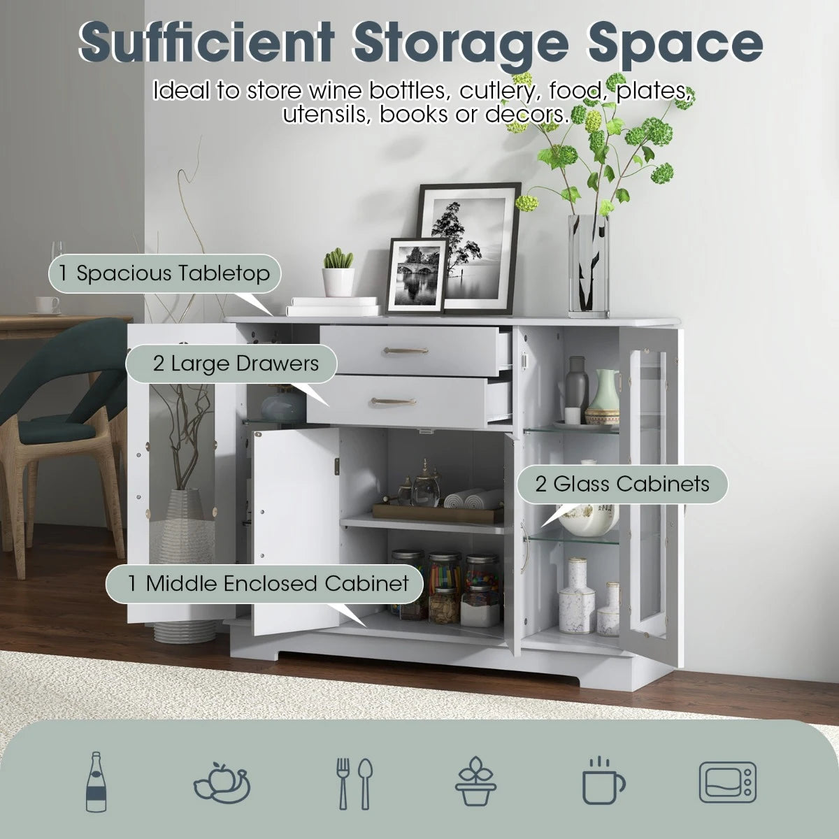 Buffet Sideboard with 2 Drawers &amp; 3 Cabinets for Kitchen &amp; Living Room-Grey