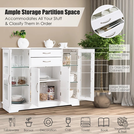 Buffet Sideboard with 2 Drawers &amp; 3 Cabinets for Kitchen &amp; Living Room-White