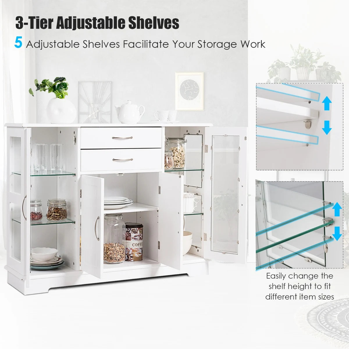 Buffet Sideboard with 2 Drawers &amp; 3 Cabinets for Kitchen &amp; Living Room-White