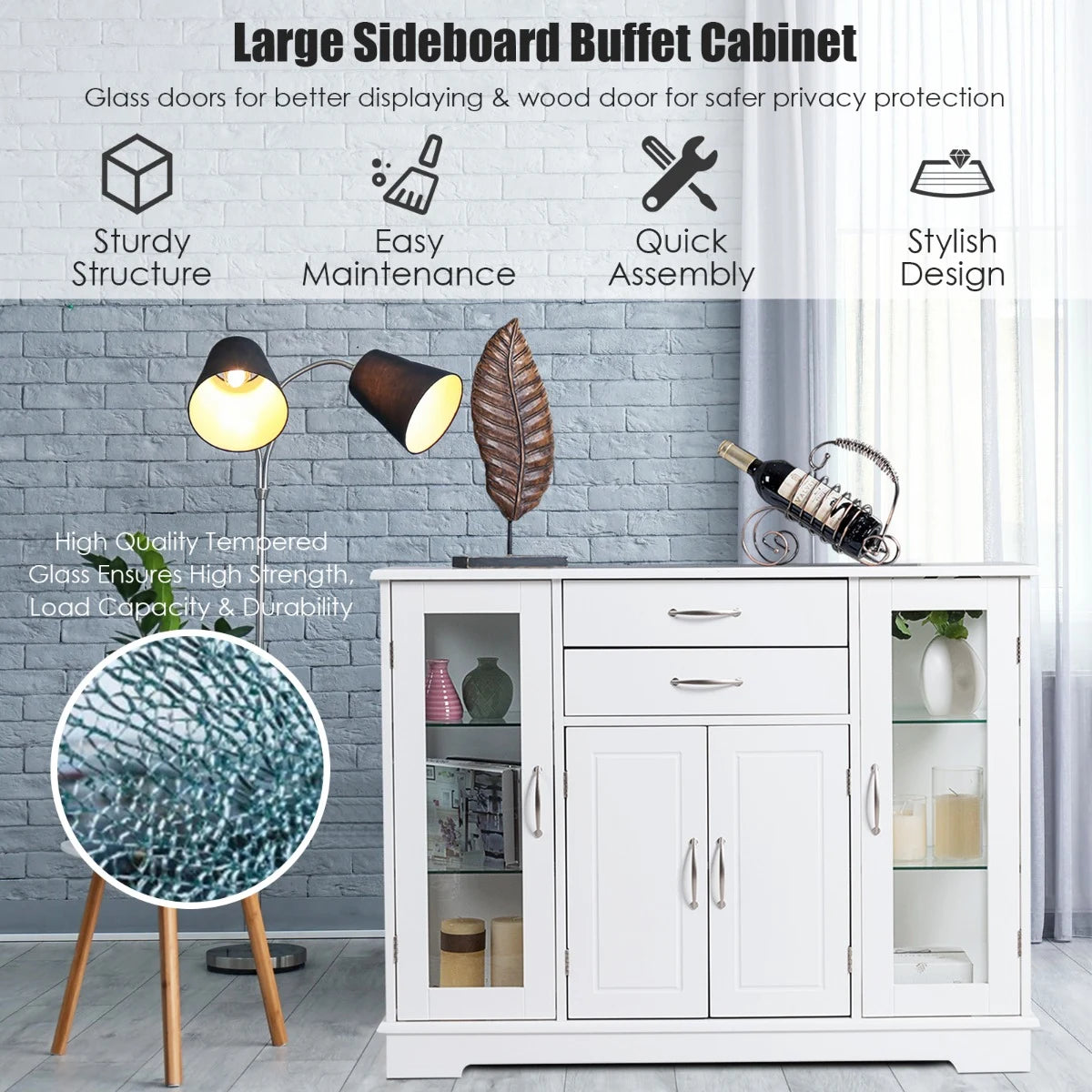 Buffet Sideboard with 2 Drawers &amp; 3 Cabinets for Kitchen &amp; Living Room-White