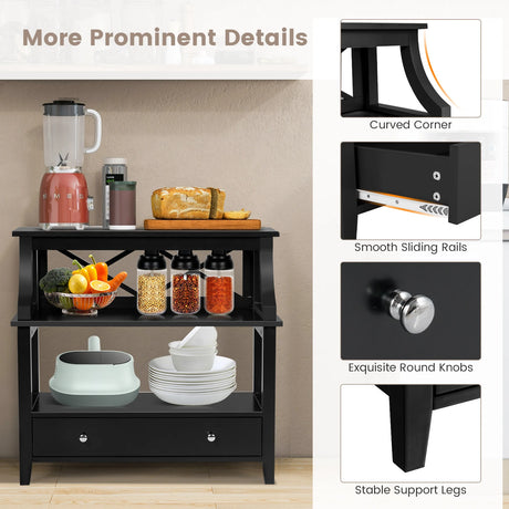 3 Tier Console Table with a Large Drawer for Living Room-Black