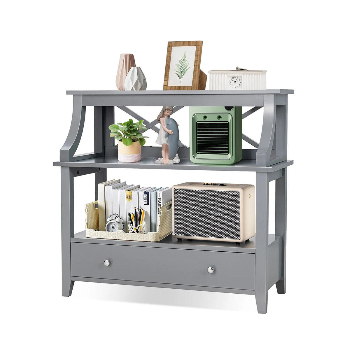 3-Tier Storage Rack End table Side Table with Slide Drawer -Gray