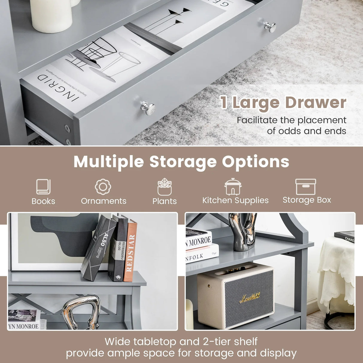 3-Tier Storage Rack End table Side Table with Slide Drawer -Gray