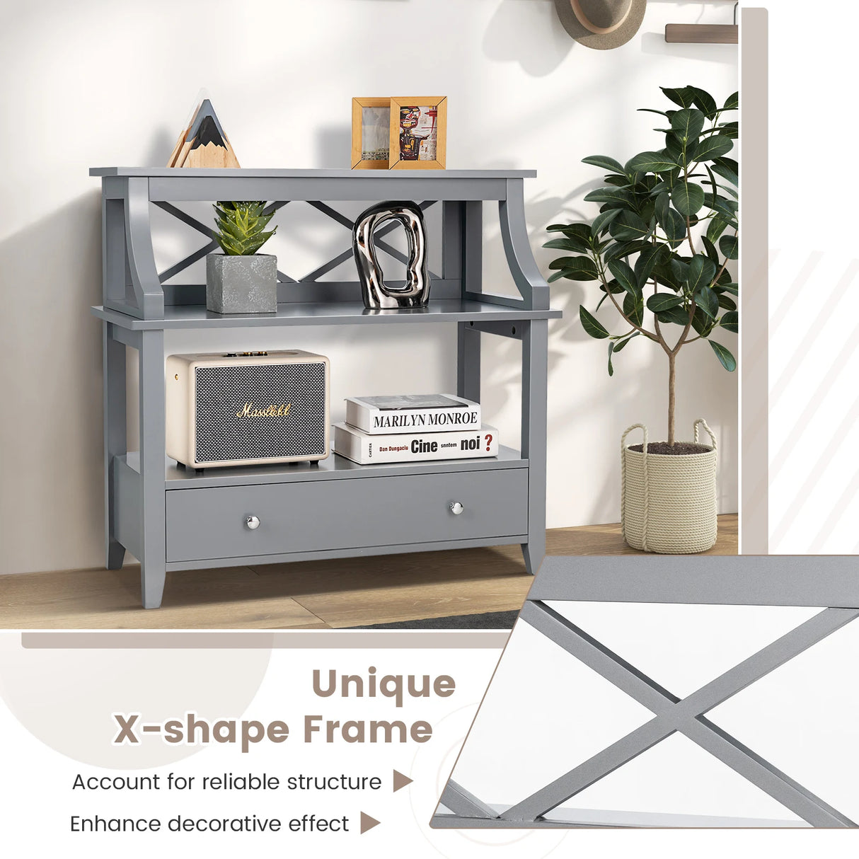 3-Tier Storage Rack End table Side Table with Slide Drawer -Gray