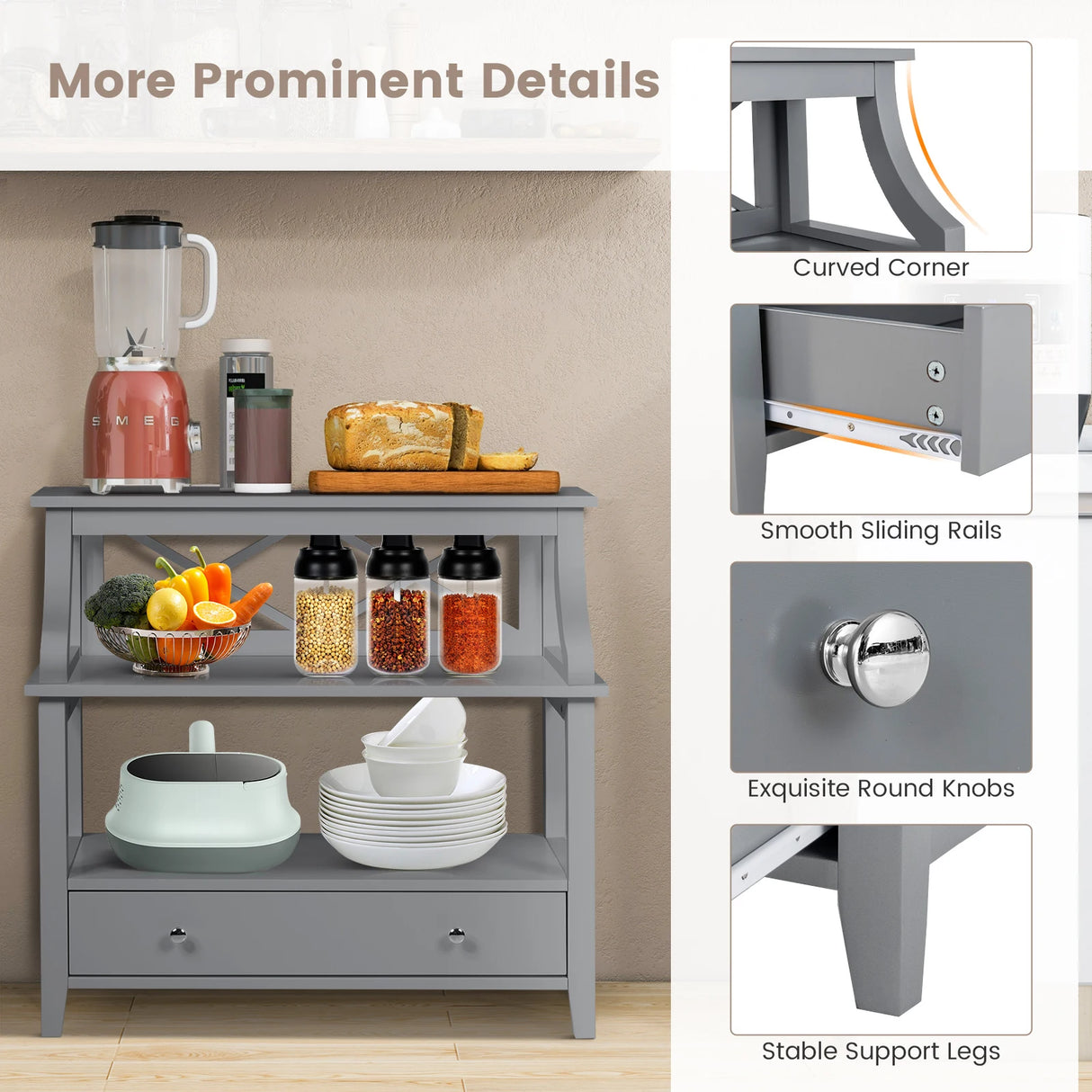 3-Tier Storage Rack End table Side Table with Slide Drawer -Gray
