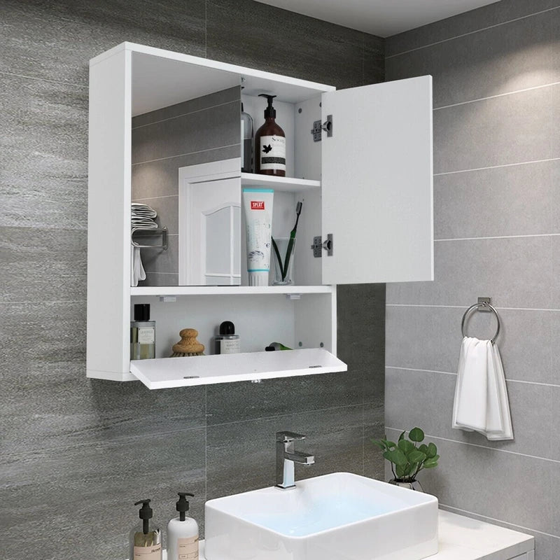 Bathroom Double Mirror Door Wall Mount Storage Wood Cabinet