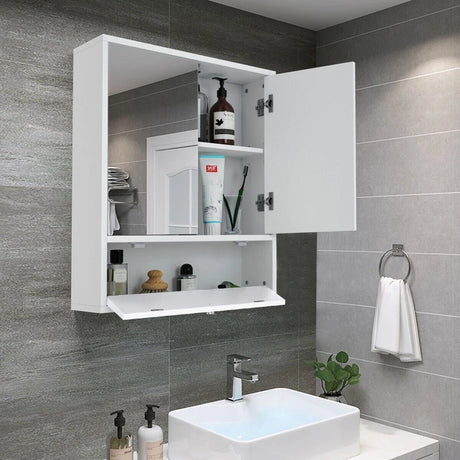 Bathroom Double Mirror Door Wall Mount Storage Wood Cabinet