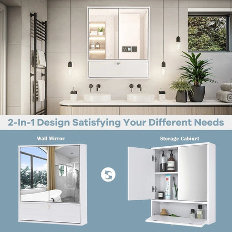 Bathroom Double Mirror Door Wall Mount Storage Wood Cabinet