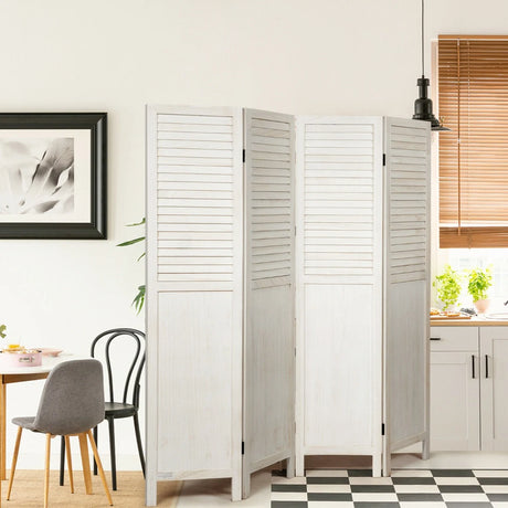 Portable 4 Panel Folding Wooden Room Divider for Home &amp; Office-White