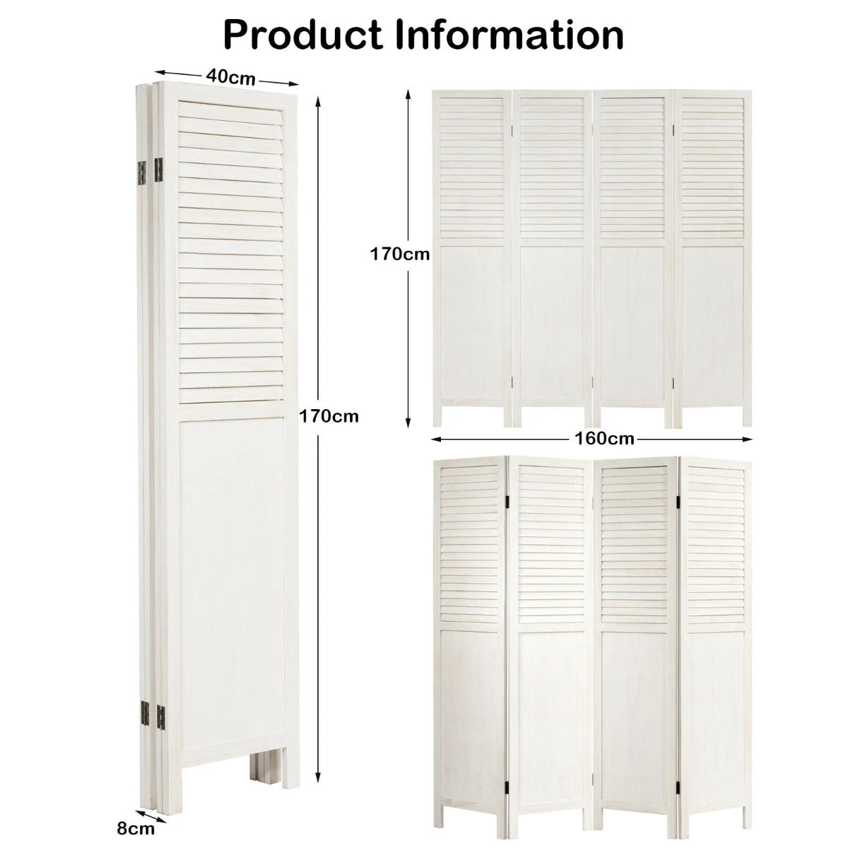 Portable 4 Panel Folding Wooden Room Divider for Home &amp; Office-White