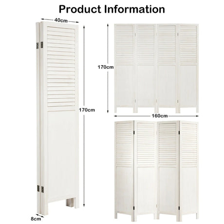 Portable 4 Panel Folding Wooden Room Divider for Home &amp; Office-White