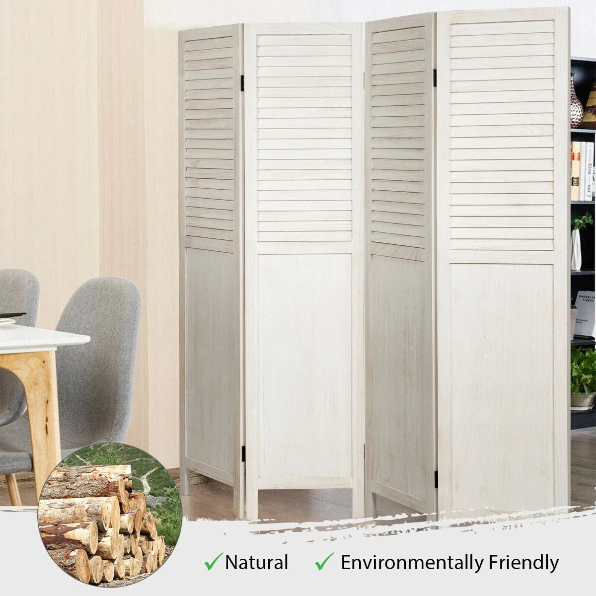 Portable 4 Panel Folding Wooden Room Divider for Home &amp; Office-White