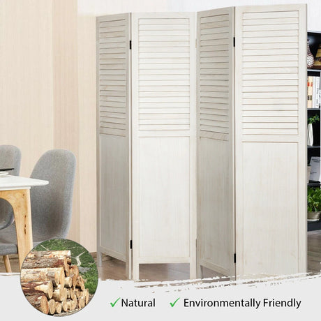 Portable 4 Panel Folding Wooden Room Divider for Home &amp; Office-White