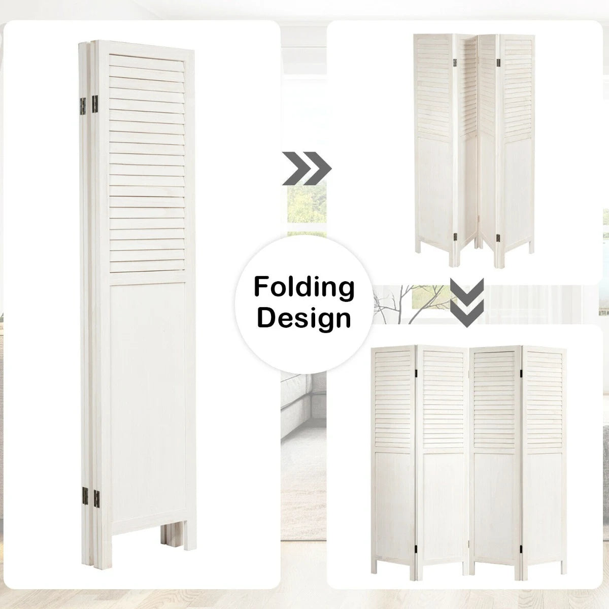 Portable 4 Panel Folding Wooden Room Divider for Home &amp; Office-White