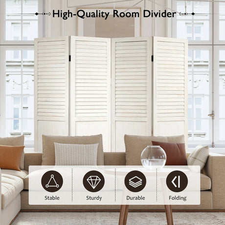 Portable 4 Panel Folding Wooden Room Divider for Home &amp; Office-White