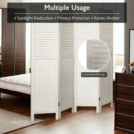 Portable 4 Panel Folding Wooden Room Divider for Home &amp; Office-White